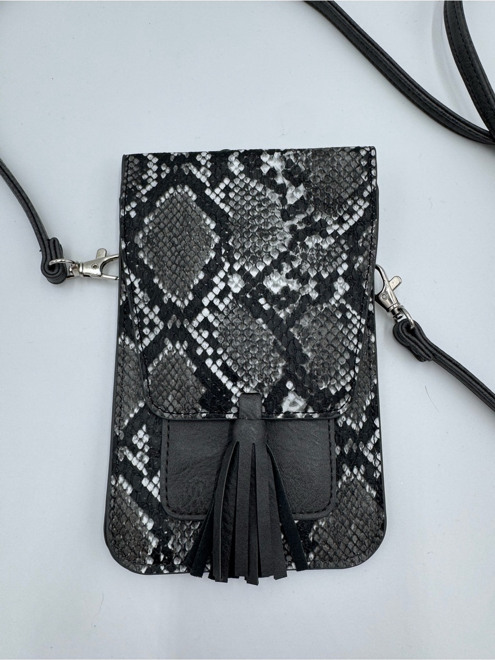 Black Snakeskin-Print Crossbody Phone Bag with Tassel